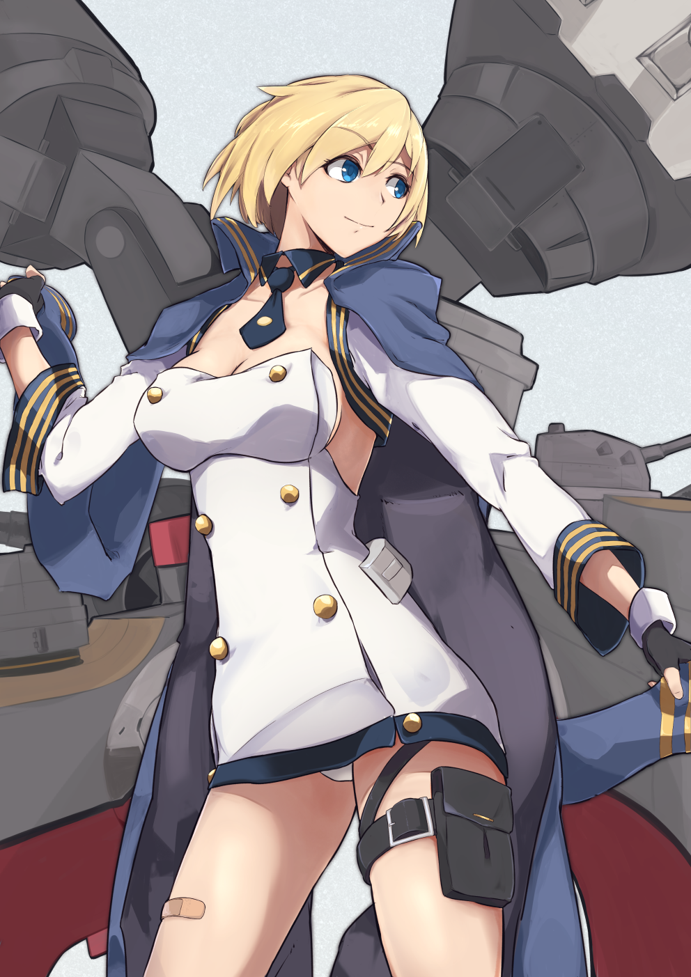 azur_lane bandaid bangs black_gloves blonde_hair blue_background blue_eyes breasts california_(azur_lane) cleavage commentary_request dress fingerless_gloves gloves hair_between_eyes hat highres jacket_on_shoulders machinery marshall2033 necktie outdoors panties short_hair smile thigh_strap thighs underwear