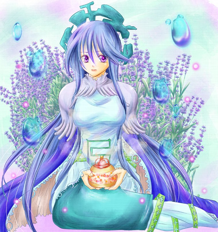 1girl bangs blue_cape blue_hair blue_skirt breasts bubble cape eyebrows_visible_through_hair female flower hair_between_eyes holding houshin_engi incense incense_burner large_breasts lavender long_hair lpurple_eyes ryuukitsu_koushu sitting skirt smoke solo water yokozuwari