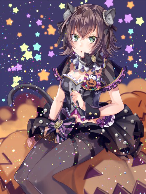 :o animal_ears bad_id bad_twitter_id bang_dream! bangs black_bow black_hair black_legwear black_ribbon black_skirt bow breasts brown_hair cat_ears cat_tail cleavage commentary_request crossed_bangs frilled_sleeves frills green_eyes hair_ribbon halloween halloween_costume ito22oji jack-o'-lantern jewelry looking_at_viewer medium_breasts navel necklace pantyhose pearl_necklace purple_bow ribbon see-through_sleeves short_hair sitting sitting_on_object skirt solo star striped striped_bow tail thigh_ribbon wrist_cuffs yamato_maya