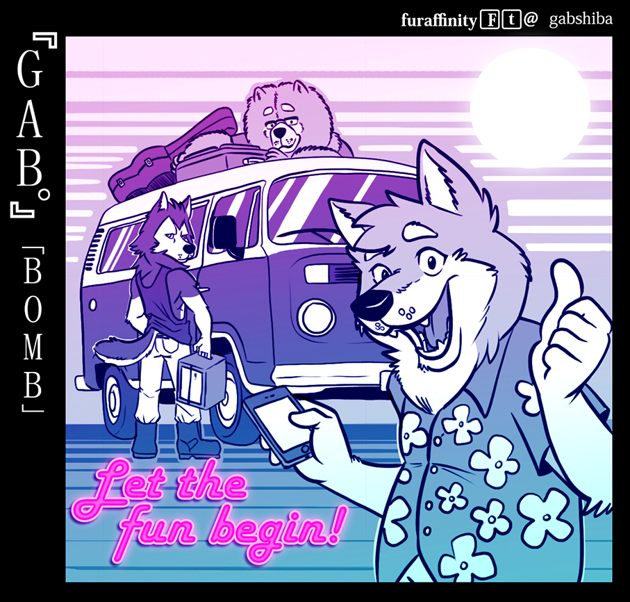 5_fingers :d anthro bau_husky boots canine car chow_chow clothed clothing dog english_text eyebrows eyewear fangs footwear fully_clothed fur gab_shiba gabshiba glasses group guitar_case half-closed_eyes hawaiian_shirt husky jeans looking_at_viewer looking_back male mammal open_mouth open_smile pants shiba_inu shirt siberian_husky smile standing tank_top teeth text thumbs_up vehicle wang_chow