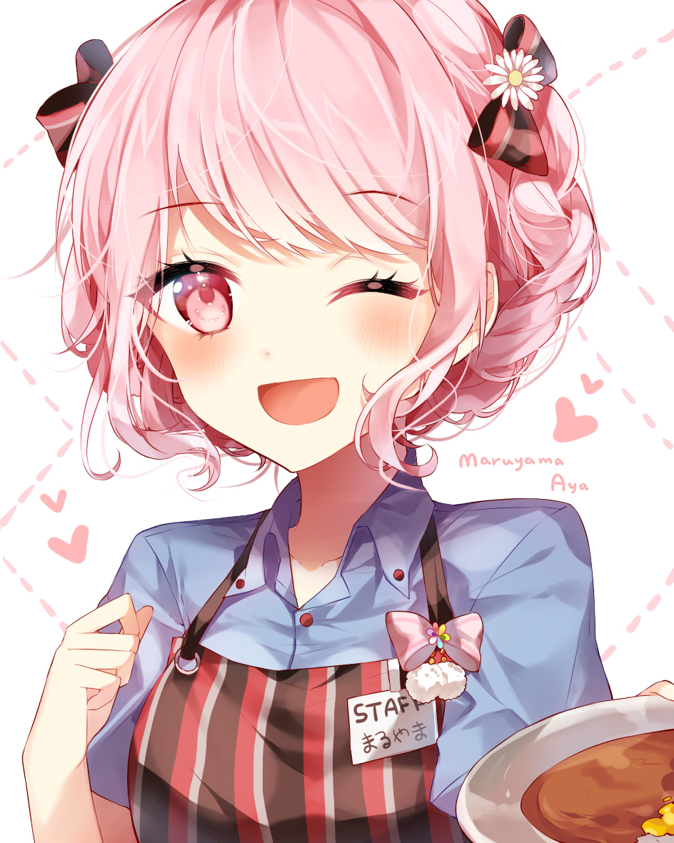 ;d alternate_hairstyle apron artist_name bang_dream! blue_shirt bow braid character_name clenched_hand collared_shirt curry eyebrows_visible_through_hair flower food hair_bow hair_flower hair_ornament hand_up heart holding holding_plate looking_at_viewer maruyama_aya name_tag one_eye_closed open_mouth pink_eyes pink_hair plate shirt short_sleeves sidelocks smile solo striped striped_apron striped_bow taya_5323203 tied_hair upper_body