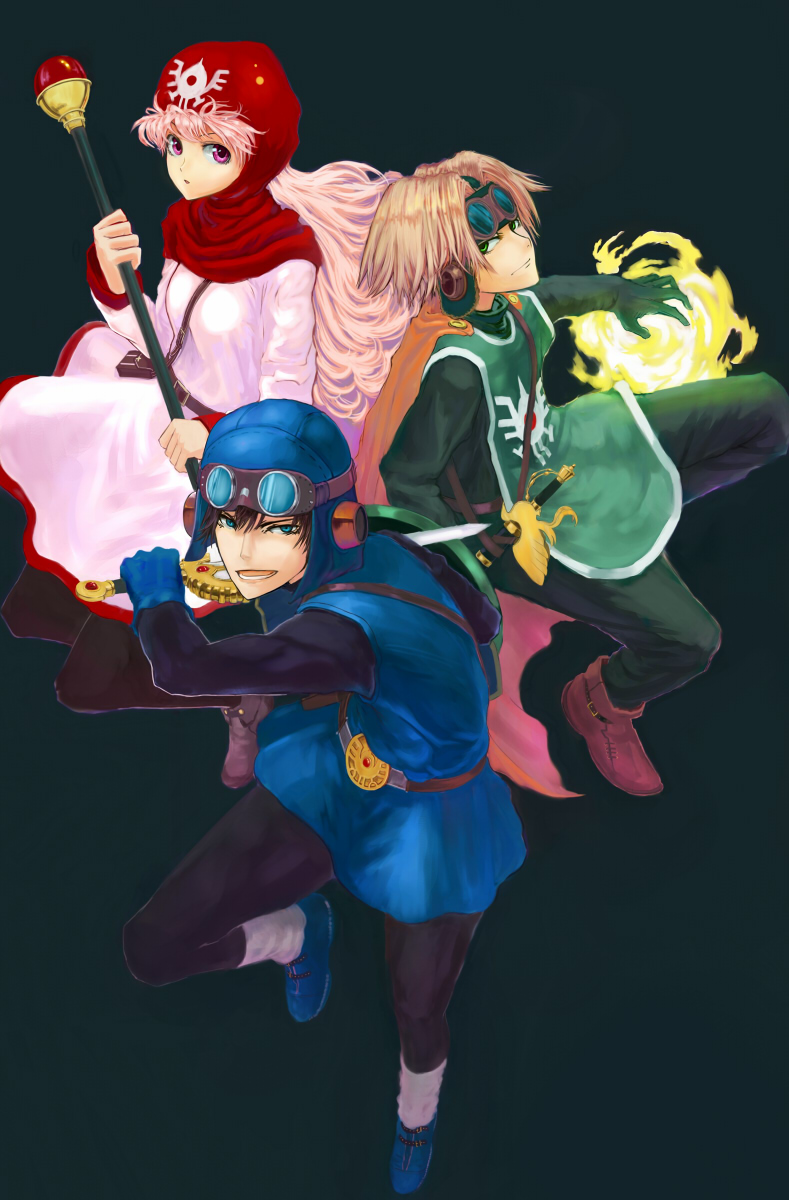 bodysuit cape chourui_keiko commentary_request curly_hair dragon_quest dragon_quest_ii dress goggles goggles_on_head goggles_on_headwear hat highres hood hood_up long_hair multiple_boys pink_hair prince_of_lorasia prince_of_samantoria princess princess_of_moonbrook purple_eyes shield short_hair spiked_hair staff standing sword weapon