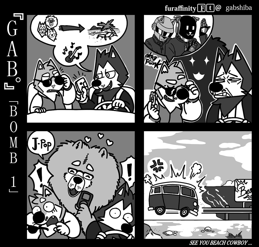 ! &lt;3 5_fingers ^_^ anger_vain anthro arguing bau_husky black_nose canine car cassette_tape chow_chow clothed clothing comic cringing dog eye_contact eyebrows eyes_closed eyewear front_view fully_clothed fur gab_shiba gabshiba glowing glowing_eyes greyscale group half-closed_eyes husky inside_car ipod jacket male mammal monochrome musical_note pictographics shiba_inu shocked siberian_husky smile sunglasses usb vehicle wang_chow