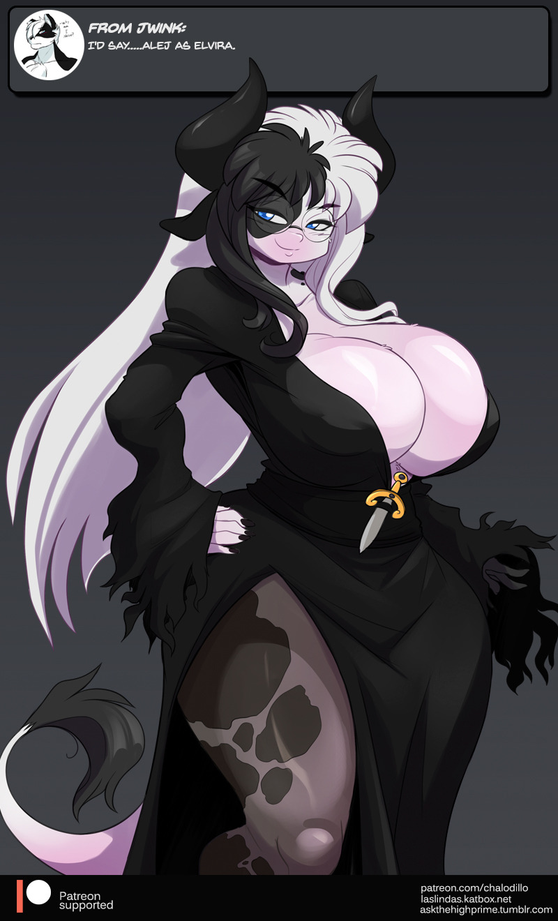 alejandra_coldthorn anthro big_breasts biped black_eyebrows black_fur black_hair black_nails black_spots blue_eyes bovine breasts cattle chalo cleavage clothed clothing colored_nails cosplay cow_tail dress elvira elvira:_mistress_of_the_dark eyebrows eyelashes eyewear female fully_clothed fur glasses hair halloween hand_on_hip holidays horn las_lindas legwear long_hair mammal melee_weapon multicolored_fur multicolored_hair nipple_bulge pantyhose patreon seductive simple_background skimpy smile solo spots spotted_fur standing sword tail_tuft thick_thighs tuft two_tone_fur two_tone_hair voluptuous weapon white_fur white_hair white_tail wide_hips