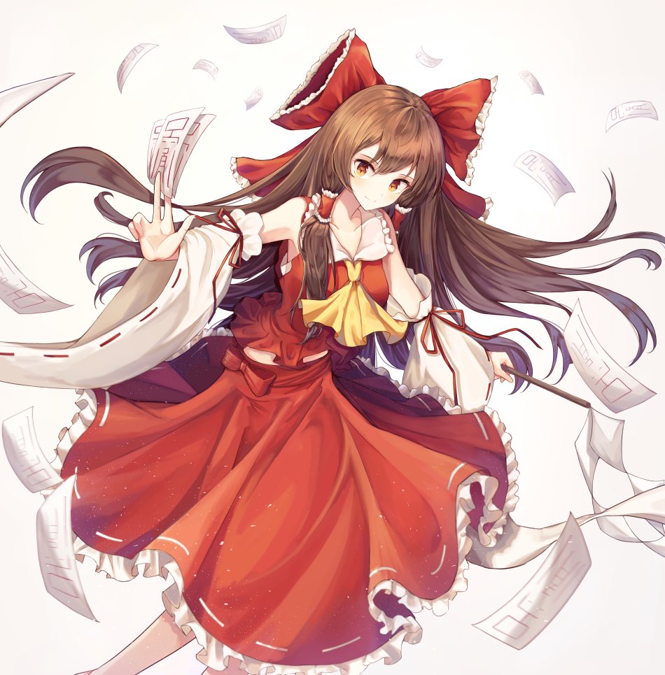 ascot bangs bare_shoulders bow brown_hair collared_shirt detached_sleeves frilled_bow frilled_shirt_collar frilled_skirt frills gohei hair_bow hair_tubes hakurei_reimu japanese_clothes long_hair looking_at_viewer miko minyumim nontraditional_miko ofuda orange_eyes red_bow red_ribbon red_shirt red_skirt ribbon ribbon-trimmed_sleeves ribbon_trim shirt skirt skirt_set sleeveless sleeveless_shirt smile solo touhou very_long_hair wide_sleeves