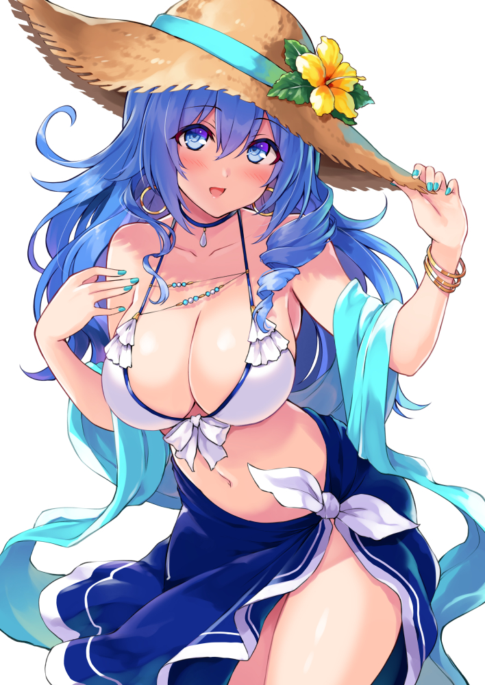 :d bangle bangs bare_shoulders bikini blue_choker blue_eyes blue_hair blue_nails blue_ribbon blue_sarong blush bracelet breasts choker cleavage collarbone commentary_request cowboy_shot cu-no earrings eyebrows_visible_through_hair fingernails flower hair_between_eyes hand_on_headwear hands_up hat hat_flower hat_ribbon head_tilt hibiscus hisenkaede hoop_earrings jewelry kohitsuji_ai large_breasts leaning_forward long_hair looking_at_viewer nail_polish navel open_mouth ribbon sarong shawl simple_background smile solo straw_hat sun_hat swimsuit very_long_hair white_background white_bikini yellow_flower