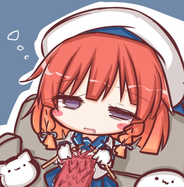 bangs beret blue_sailor_collar blue_skirt blush_stickers brown_hair cat_pillow commentary couch drooling dutch_angle etorofu_(kantai_collection) eyebrows_visible_through_hair gloves gradient_hair half-closed_eyes hat holding kantai_collection knitting knitting_needle komakoma_(magicaltale) looking_at_viewer multicolored_hair needle on_couch orange_hair parted_lips pillow pleated_skirt purple_eyes sailor_collar saliva school_uniform serafuku shirt sitting skirt sleepy solo white_gloves white_hat white_shirt