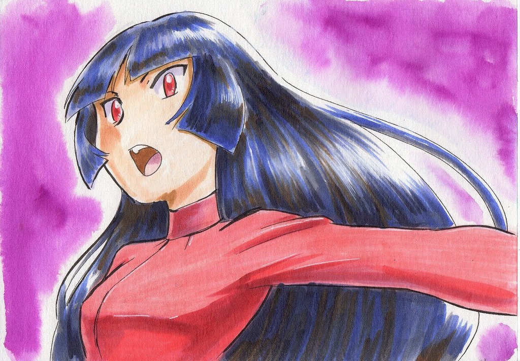 blue_hair bodysuit commentary_request hime_cut iwane_masaaki long_hair looking_at_viewer natsume_(pokemon) open_mouth outstretched_arm pokemon pokemon_(game) pokemon_frlg purple_background red_eyes solo traditional_media upper_body