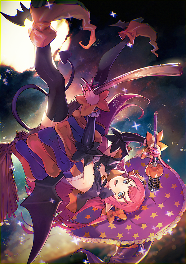 :d arm_warmers bat_wings black_legwear black_sleeves blue_eyes bow broom broom_riding demon_tail elizabeth_bathory_(fate)_(all) elizabeth_bathory_(halloween)_(fate) fate/grand_order fate_(series) hat hat_bow holding holding_wand long_hair looking_at_viewer multicolored multicolored_clothes multicolored_skirt nagu open_mouth orange_bow orange_footwear pink_hair pointy_ears pointy_shoes purple_hat shoes skirt smile solo star star_print tail thighhighs upside-down wand wings witch_hat zettai_ryouiki