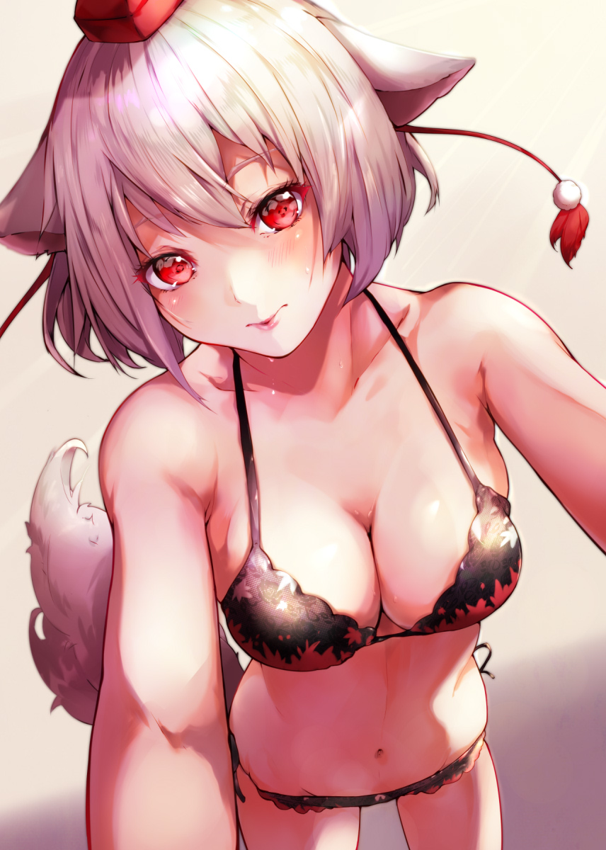 animal_ears bangs bare_arms bare_shoulders beige_background blush bra breasts collarbone commentary_request cowboy_shot dated floral_print gradient gradient_background grey_background hair_between_eyes hat head_tilt highres inubashiri_momiji lips mayonaka_taruho medium_breasts multicolored multicolored_bra multicolored_clothes multicolored_panties navel panties pink_lips pom_pom_(clothes) red_eyes short_hair side-tie_panties silver_hair solo standing stomach tail_wagging tassel thighs tokin_hat touhou underwear wolf_ears