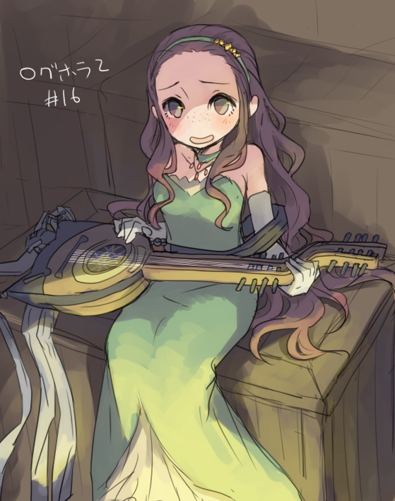 brown_eyes brown_hair choker collarbone dress elbow_gloves flat_chest gloves green_dress green_hairband grey_gloves hairband holding holding_instrument instrument isuzu_(log_horizon) log_horizon long_dress long_hair looking_at_viewer lute_(instrument) mo_(deciliter) open_mouth sitting sleeveless sleeveless_dress solo strapless strapless_dress very_long_hair