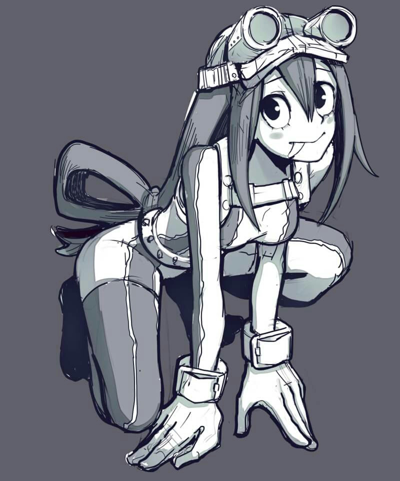 asui_tsuyu bodysuit boku_no_hero_academia breasts gloves goggles goggles_on_headwear grey_background greyscale hair_between_eyes long_hair looking_at_viewer low-tied_long_hair medium_breasts monochrome simple_background sketch solo squatting st_(youx1119) tongue tongue_out very_long_hair