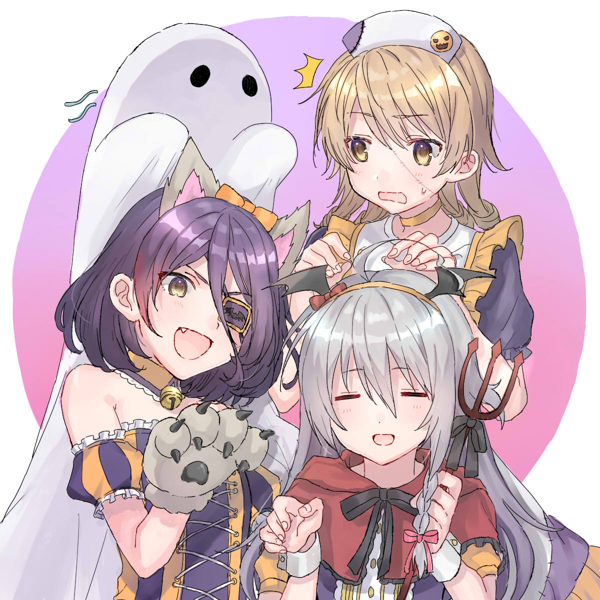 3girls =_= ahoge animal_ears bat_wings bell bell_choker bell_collar choker closed_eyes collar commentary error eyepatch fake_animal_ears fang ghost ghost_costume grey_hair hair_between_eyes hairband halloween halloween_costume hat hatami_(zyuden) hayasaka_mirei highres hoshi_shouko idolmaster idolmaster_cinderella_girls idolmaster_cinderella_girls_starlight_stage light_brown_hair long_hair medium_hair morikubo_nono multiple_girls nurse nurse_cap orange_choker pitchfork purple_hair ringlets stitches strapless surprised sweatdrop very_long_hair werewolf wings wolf_ears wolf_paws