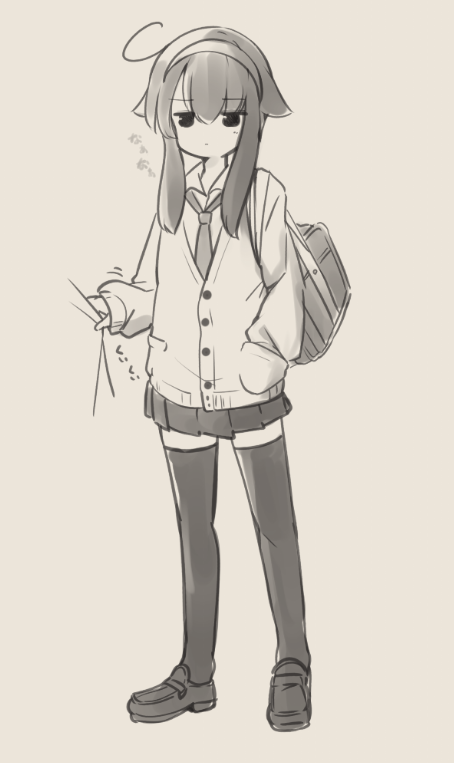 ahoge bag bangs brown_background cardigan clothes_tug collared_shirt eyebrows_visible_through_hair full_body hair_between_eyes hair_flaps hairband hand_in_pocket loafers long_hair long_sleeves looking_at_viewer monochrome natsuki_teru necktie original pleated_skirt school_bag sepia shikibe_ayaka shirt shoes sidelocks simple_background skirt sleeves_past_wrists solo standing thighhighs translation_request