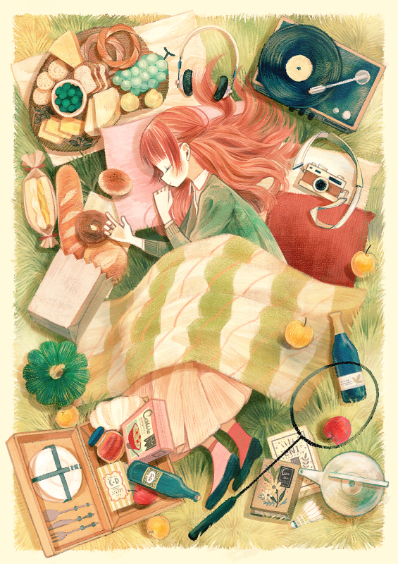 apple bad_id bad_pixiv_id badminton_racket bag baguette black_footwear blanket book bottle bread camera cereal_box cheese closed_eyes closed_mouth commentary_request doughnut food fork from_above from_side fruit grapes green_sweater headphones headphones_removed jar knife long_hair long_skirt long_sleeves lying on_side original paper_bag phonograph picnic pillow pink_legwear plate pumpkin racket record red_hair sandwich shuttlecock skirt sleeping smile socks solo somemachi spoon sweater teapot