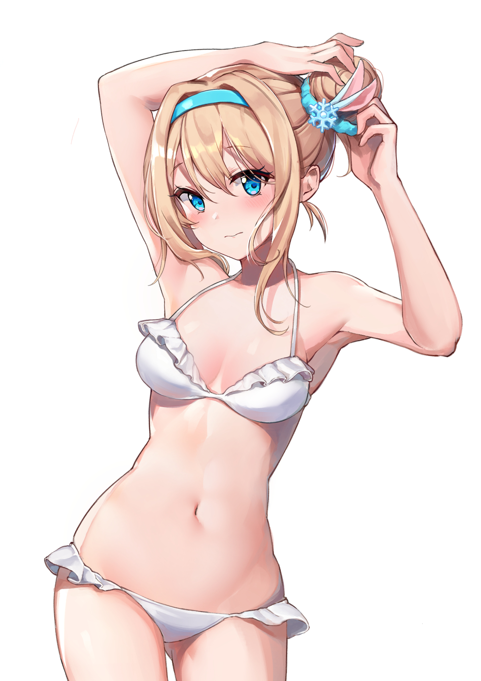 adjusting_hair armpits arms_up ass_visible_through_thighs bada_(jksh5056) bikini blue_eyes blue_scrunchie blush breasts brown_hair closed_mouth cowboy_shot eyebrows_visible_through_hair frilled_bikini frills girls_frontline groin hair_ornament hair_scrunchie hairband halterneck highres hips looking_at_viewer medium_breasts navel revision scrunchie side_bun sidelocks simple_background solo stomach suomi_kp31_(girls_frontline) swimsuit thighs white_background white_bikini