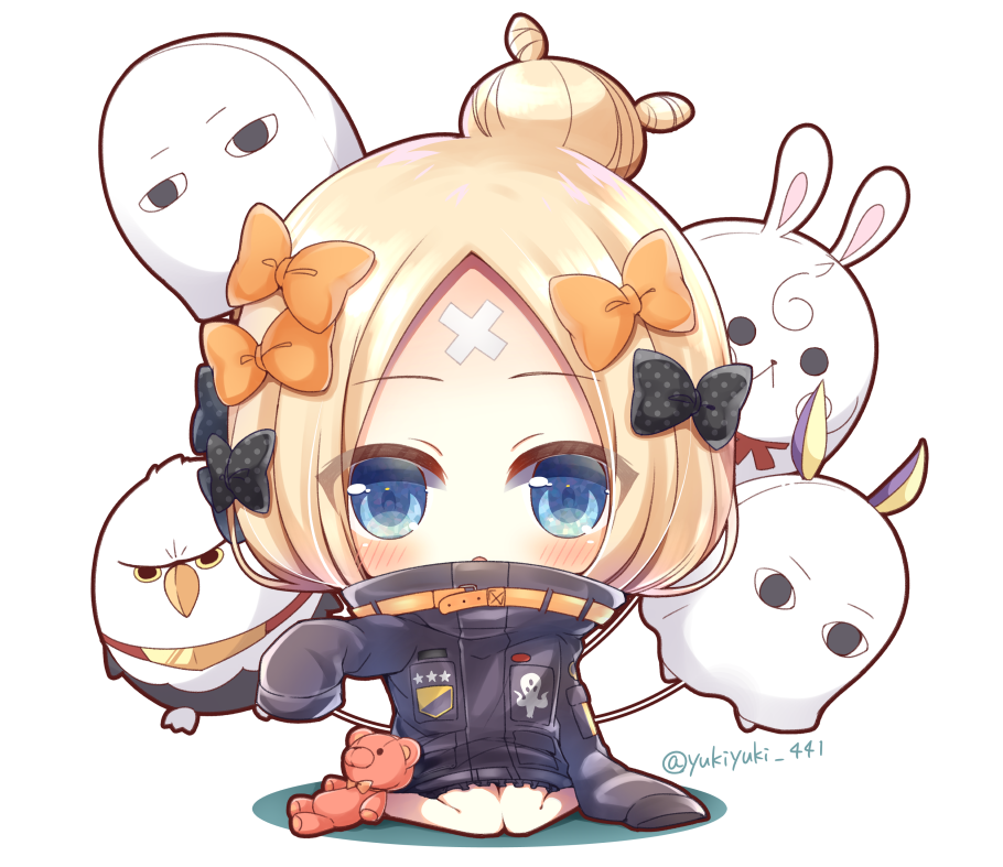 abigail_williams_(fate/grand_order) balloon bangs black_bow black_jacket blonde_hair blue_eyes blush bow chibi commentary_request crossed_bandaids eyebrows_visible_through_hair fate/grand_order fate_(series) forehead fou_(fate/grand_order) full_body hair_bow hair_bun heroic_spirit_traveling_outfit jacket long_hair long_sleeves looking_at_viewer medjed orange_bow parted_bangs parted_lips polka_dot polka_dot_bow sitting sleeves_past_fingers sleeves_past_wrists solo stuffed_animal stuffed_toy teddy_bear twitter_username wariza white_background yukiyuki_441