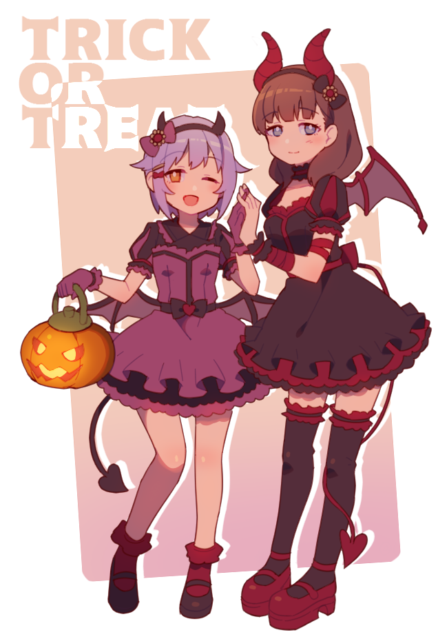 :d bangs bare_legs black_legwear blue_eyes bow brown_hair choker commentary_request demon_tail demon_wings dress drop_shadow english frilled_dress frilled_gloves frills full_body gloves hair_bow hair_ornament hairband hairclip halloween holding_hands horn_ornament idolmaster idolmaster_cinderella_girls inverted_colors jack-o'-lantern koshimizu_sachiko lantern layered_dress looking_at_viewer low_wings mary_janes multiple_girls muted_color one_eye_closed open_mouth platform_footwear puffy_sleeves pumpkin purple_frills purple_gloves purple_hair red_footwear red_frills red_legwear rounded_corners sakuma_mayu shoes short_hair simple_background slim_legs smile standing tail thighhighs trick_or_treat uso_(ameuzaki) wings