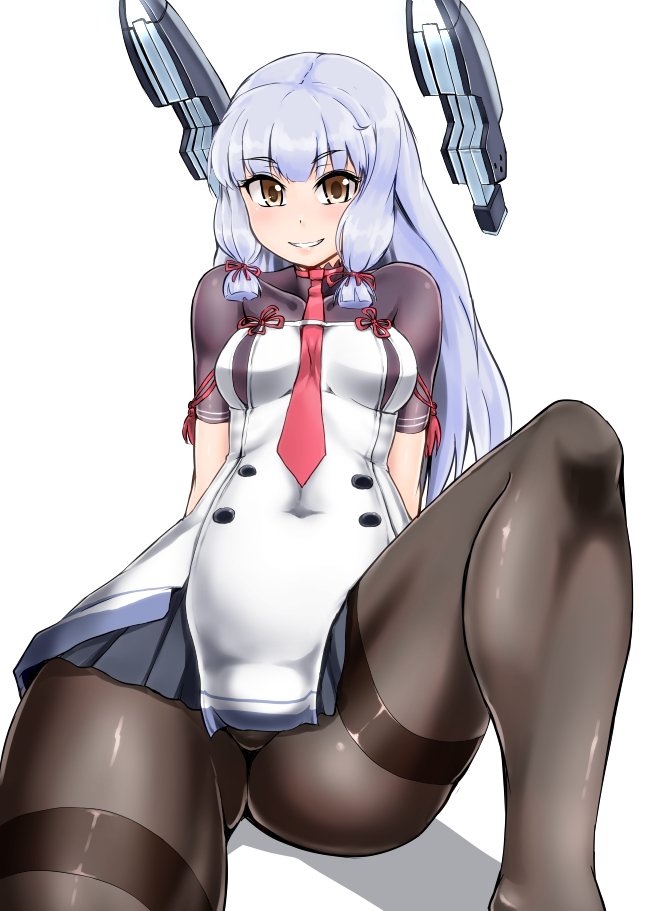 arm_up ass_visible_through_thighs bangs blue_hair blunt_bangs blush bodysuit breasts commentary_request covered_navel dyne_gallon eyebrows_visible_through_hair kantai_collection long_hair murakumo_(kantai_collection) pantyhose skirt small_breasts smile solo thighband_pantyhose thighs white_background yellow_eyes