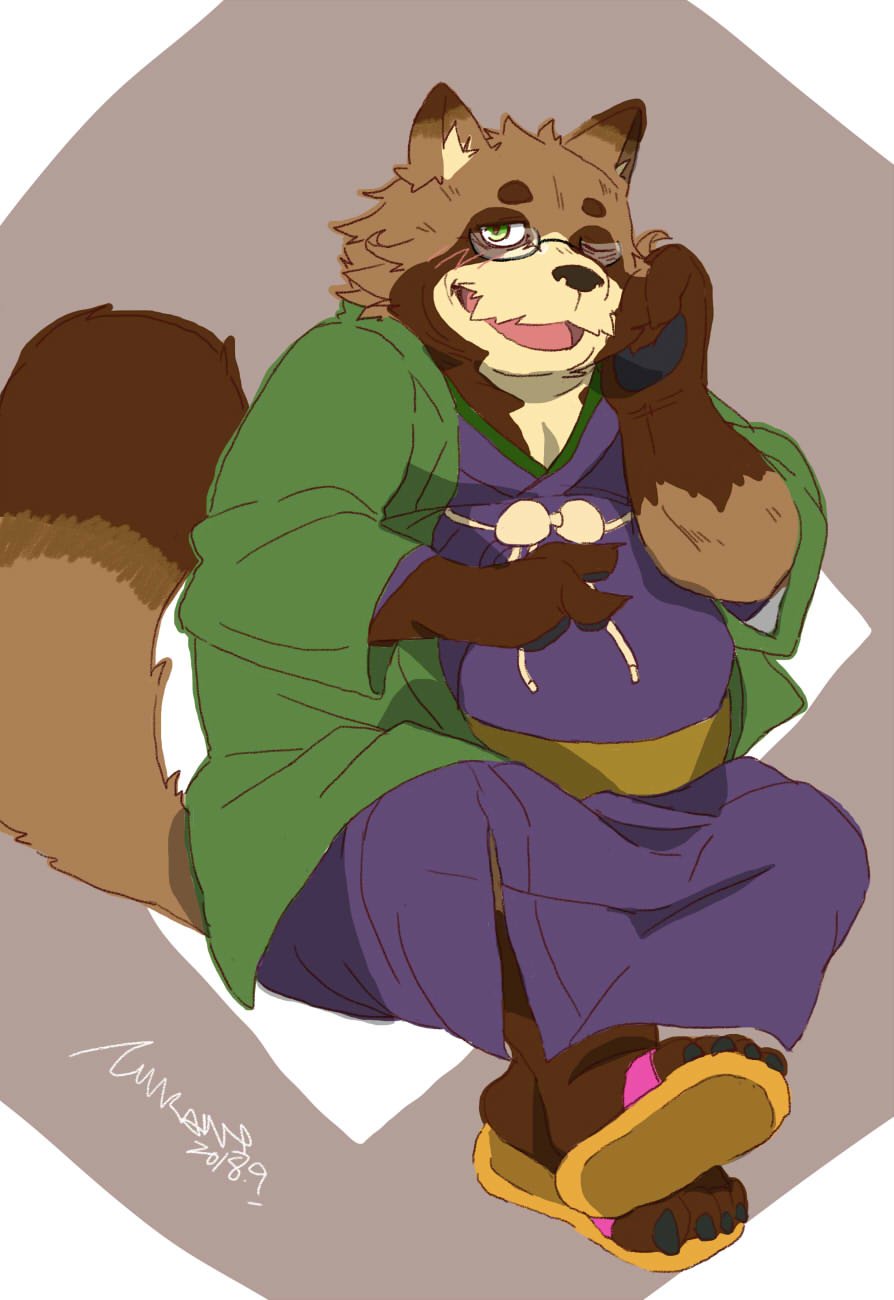 2018 anthro belly brown_fur canine clothing eyewear footwear fur glasses humanoid_hands male mammal mikanyeye one_eye_closed overweight overweight_male robe sandals simple_background sitting solo tanuki wink