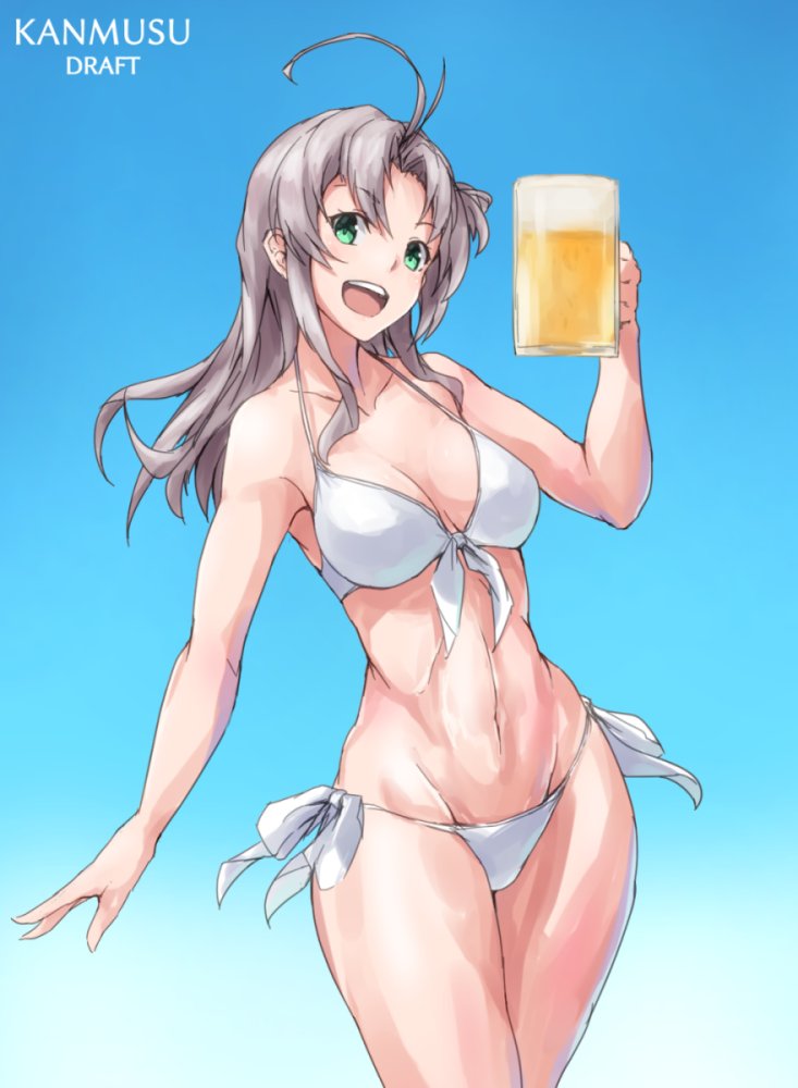 ahoge alcohol antenna_hair bare_shoulders beer beer_mug bikini blue_sky breasts cleavage commentary_request cowboy_shot cup day front-tie_bikini front-tie_top green_eyes grey_hair holding holding_cup kantai_collection kinugasa_(kantai_collection) large_breasts navel outdoors side-tie_bikini sky swimsuit thighs title tsukira_(amayadori) tsurime white_bikini wide_hips