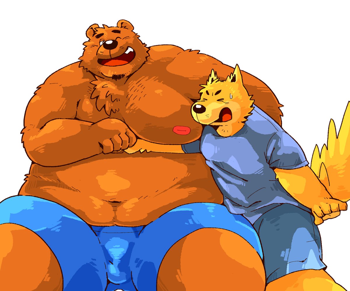 2018 anthro arufina_w bear belly brown_fur bulge canine clothing duo eyes_closed fur humanoid_hands male mammal moobs navel nipples one_eye_closed overweight overweight_male shirt shorts simple_background sitting white_background wink yellow_fur