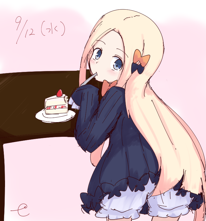 abigail_williams_(fate/grand_order) bangs black_bow black_dress blonde_hair bloomers blue_eyes blush bow bug butterfly cake closed_mouth dated dress eating eyebrows_visible_through_hair fate/grand_order fate_(series) food forehead gradient gradient_background hair_bow head_tilt holding holding_spoon insect kujou_karasuma leaning_forward long_hair long_sleeves looking_at_viewer looking_back no_hat no_headwear orange_bow parted_bangs pink_background plate signature sketch sleeves_past_fingers sleeves_past_wrists slice_of_cake solo spoon spoon_in_mouth table underwear very_long_hair white_background white_bloomers