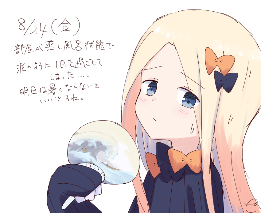 abigail_williams_(fate/grand_order) bangs black_bow black_dress blonde_hair blue_eyes blush bow bug butterfly closed_mouth dated dress eyebrows_visible_through_hair fan fate/grand_order fate_(series) forehead hair_bow hand_up holding holding_fan insect kujou_karasuma long_hair long_sleeves looking_at_viewer no_hat no_headwear orange_bow paper_fan parted_bangs signature sketch sleeves_past_fingers sleeves_past_wrists solo sweat translation_request uchiwa upper_body
