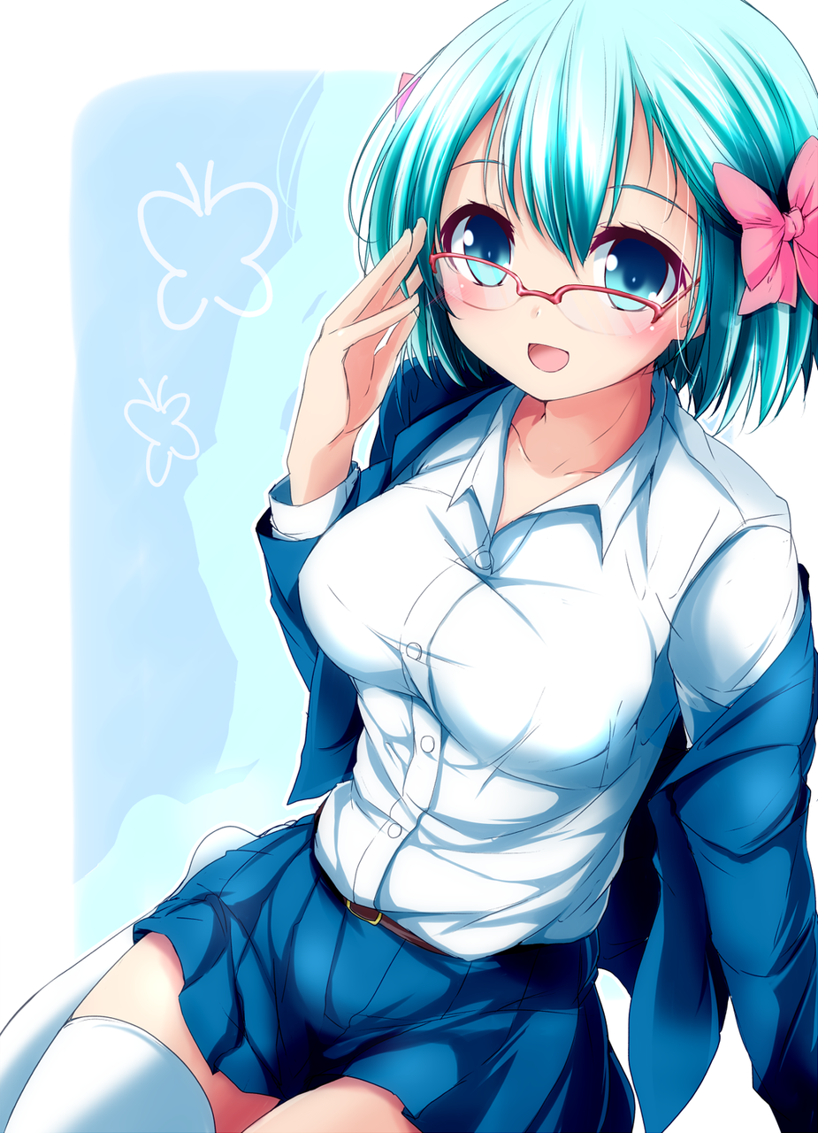 :d adjusting_eyewear aqua_eyes aqua_hair bangs belt blazer blue_jacket blue_skirt blush bob_cut border bow breasts brown_belt collarbone collared_shirt commentary_request divine_gate dress_shirt drop_shadow hair_between_eyes hair_bow highres jacket large_breasts long_sleeves looking_at_viewer miniskirt nanaume_(shichimi_tougarashi) no_shoes open_clothes open_jacket open_mouth outside_border over-rim_eyewear pink_bow pleated_skirt raised_eyebrows red-framed_eyewear rounded_corners semi-rimless_eyewear shirt shirt_tucked_in short_hair sitting skirt smile solo thighhighs vivian_(divine_gate) white_border white_legwear white_shirt wing_collar