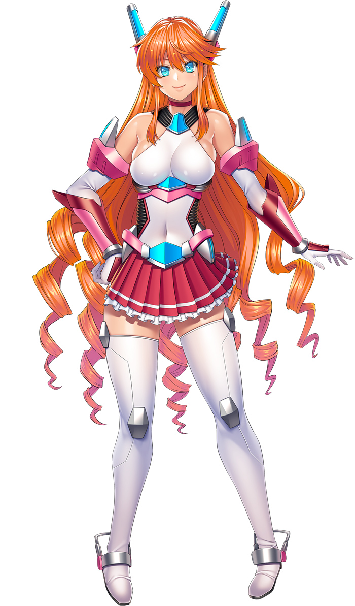 1girl armor artist_request blue_eyes boots breasts character_request curvy female full_body large_breasts lilith-soft long_hair looking_at_viewer orange_hair seigi_no_henshin-heroine_wo_sasaeru_ore_to_aku_no_onna-kanbu shiny shiny_skin skirt smile solo standing thighs very_long_hair