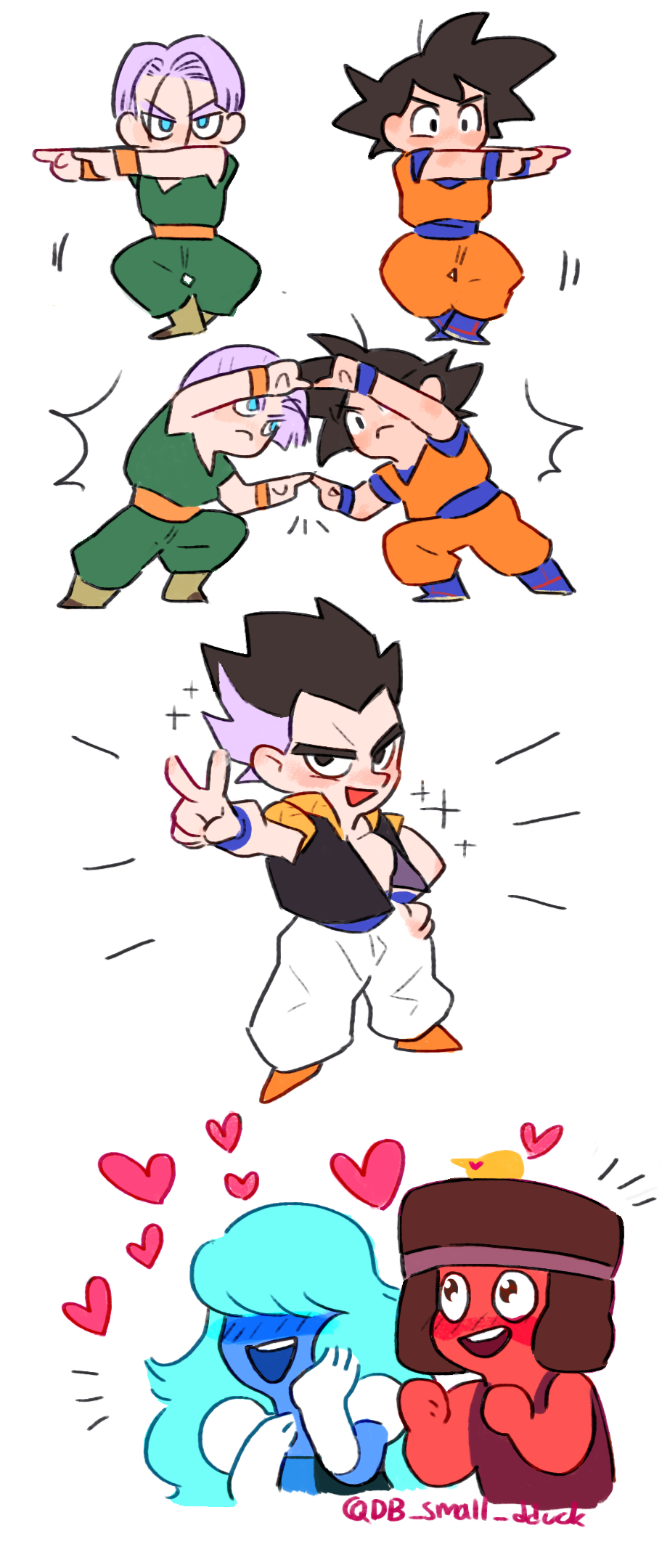 2others 3boys :d black_eyes black_hair blue_eyes blue_hair blush blush_stickers boots bright_pupils chibi crossover dougi dragon_ball dragon_ball_z excited fingers_together frog8366 frown full_body fusion fusion_dance gotenks hair_over_eyes hand_on_hip happy heart highres index_finger_raised looking_at_another multicolored_hair multiple_boys multiple_others open_mouth outstretched_arms power_connection purple_hair ruby_(steven_universe) sapphire_(steven_universe) serious short_hair simple_background smile son_goten sparkle spiked_hair standing steven_universe teeth trunks_(dragon_ball) twitter_username two-tone_hair upper_body v white_background wristband