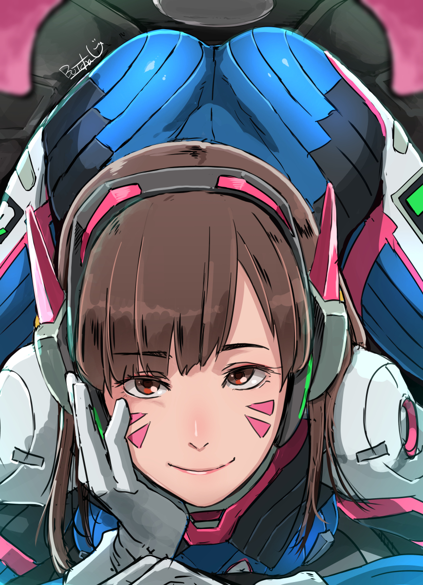 artist_name ass bodysuit brown_eyes brown_hair butcha-u catherine_(game) catherine_cover_parody cockpit commentary_request d.va_(overwatch) eyebrows_visible_through_hair gloves hand_on_own_cheek hand_on_own_face headphones highres looking_at_viewer md5_mismatch medium_hair overwatch parody pilot_suit smile solo top-down_bottom-up whisker_markings