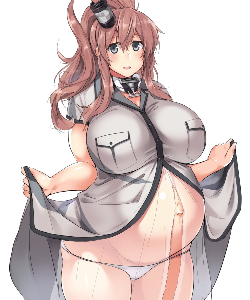 anchor blouse blue_eyes blush breasts brown_hair cowboy_shot dress dress_lift hair_between_eyes hair_ornament highres huge_breasts kantai_collection kuronyan lifted_by_self long_hair looking_at_viewer navel open_clothes open_dress panties ponytail pregnant remodel_(kantai_collection) saratoga_(kantai_collection) side_ponytail simple_background skindentation smokestack_hair_ornament solo stomach_bulge underwear white_background white_dress white_panties