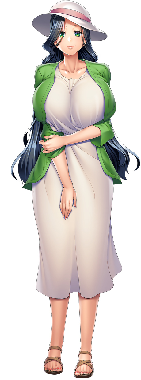 1girl artist_request black_hair breasts character_request curvy dress female full_body gradient_hair green_eyes hat huge_breasts lilith-soft long_hair looking_at_viewer multicolored_hair nail_polish seigi_no_henshin-heroine_wo_sasaeru_ore_to_aku_no_onna-kanbu shiny shiny_skin smile solo standing very_long_hair