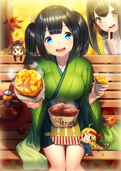 :d akagi_(kantai_collection) autumn autumn_leaves bench blonde_hair blue_eyes blue_hair box breasts brown_eyes brown_hair commentary_request drooling enemy_lifebuoy_(kantai_collection) fairy_(kantai_collection) food green_hakama green_kimono hakama hakama_skirt holding holding_food japanese_clothes kantai_collection kimono kyon_(fuuran) large_breasts leaf long_hair long_sleeves maple_leaf multiple_girls open_mouth shinkaisei-kan short_hair sitting smile souryuu_(kantai_collection) sweet_potato twintails wide_sleeves