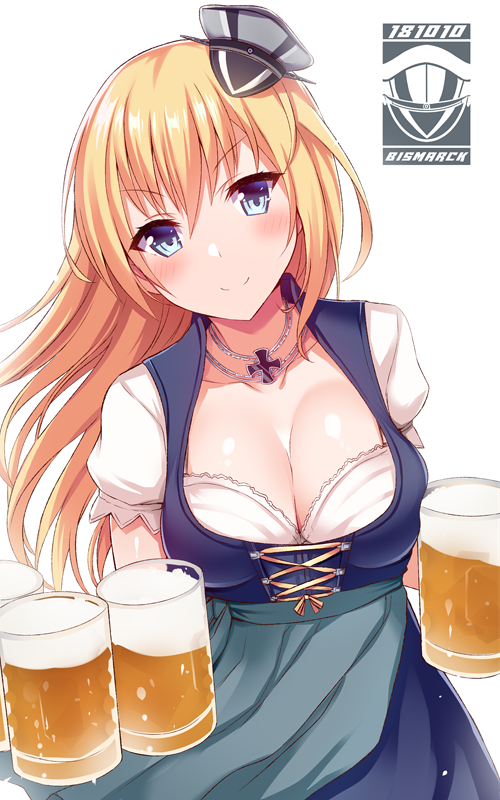alcohol alternate_costume bangs beer beer_mug bismarck_(kantai_collection) blonde_hair blue_eyes blush breasts chain cleavage closed_mouth collarbone commentary_request cup dirndl dress eyebrows_visible_through_hair german_clothes hair_between_eyes hat holding holding_cup interstellar iron_cross jewelry kantai_collection kriegsmarine large_breasts long_hair looking_at_viewer maid military_hat mini_hat necklace oktoberfest peaked_cap simple_background smile solo standing white_background