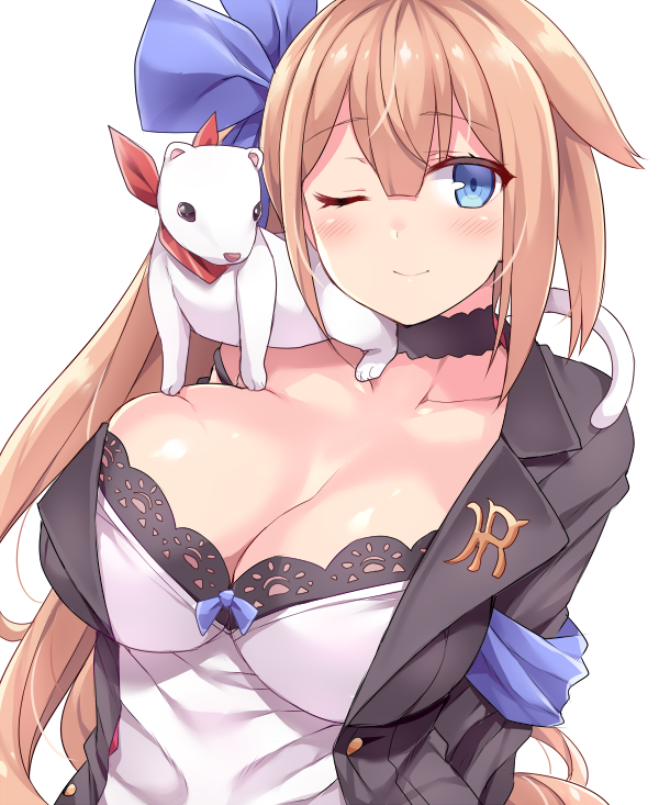 ahoge animal animal_on_shoulder arm_ribbon arms_behind_back bangs black_bra black_jacket blonde_hair blue_bow blue_eyes blush bow bra bra_peek breasts choker cleavage closed_mouth collarbone commentary_request dress eyebrows_visible_through_hair fal_(girls_frontline) ferret girls_frontline hair_between_eyes hair_bow hasu_(hk_works) jacket large_breasts lingerie long_hair looking_at_viewer one_eye_closed open_clothes open_jacket ribbon side_ponytail sidelocks simple_background skindentation smile solo strap_slip underwear upper_body very_long_hair white_background white_dress