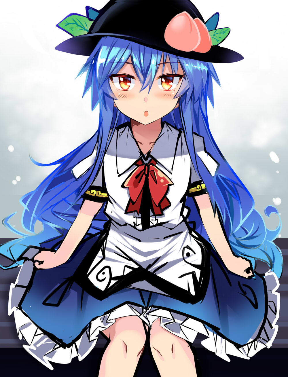 :o arm_support bangs black_hat blouse blue_hair blue_skirt blush bow bowtie center_frills collarbone commentary_request e.o. eyebrows_visible_through_hair feeding food fruit gradient gradient_background grey_background hair_between_eyes hat highres hinanawi_tenshi leaf long_hair looking_at_viewer parted_lips peach petticoat puffy_short_sleeves puffy_sleeves red_bow red_eyes red_neckwear short_sleeves sitting sketch skirt solo touhou very_long_hair white_background white_blouse