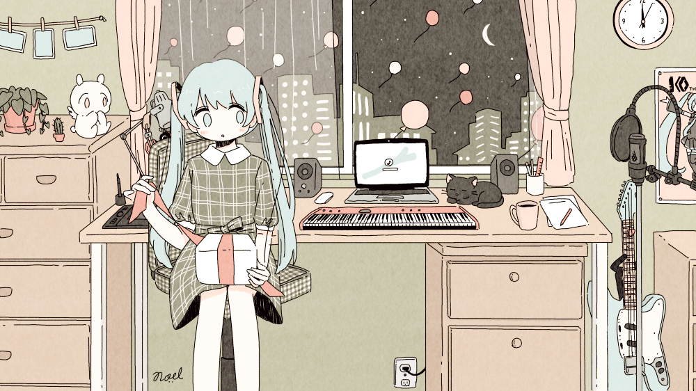 aqua_eyes aqua_hair balloon black_cat cactus cat city clock collared_dress computer crescent_moon cup desk drawer eighth_note electric_guitar electric_socket guitar hatsune_miku indoors instrument keyboard_(instrument) long_hair microphone moon mug musical_note night night_sky noeru_(noellemonade) plant potted_plant puffy_short_sleeves puffy_sleeves short_sleeves signature sitting sky solo speaker spring_onion star_(sky) starry_sky twintails vocaloid wall_clock window