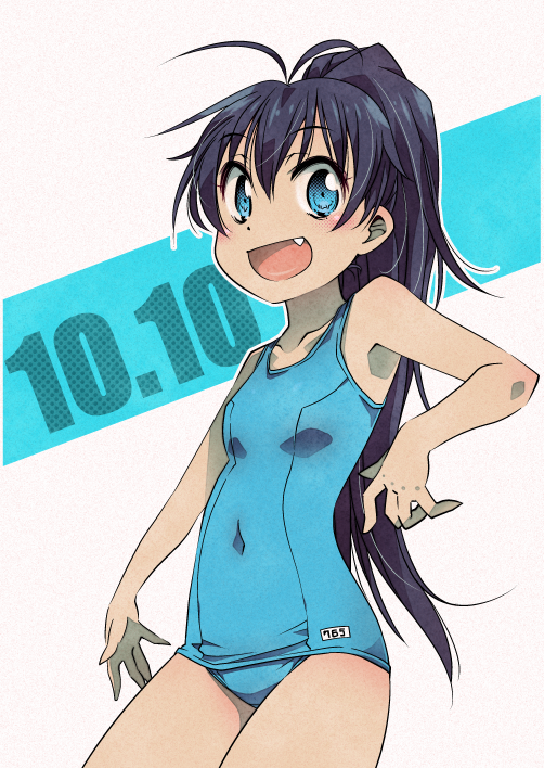 :d antenna_hair black_hair blue_eyes blue_swimsuit commentary_request covered_navel cowboy_shot dated fang ganaha_hibiki high_ponytail idolmaster idolmaster_(classic) jewelry looking_at_viewer old_school_swimsuit one-piece_swimsuit open_mouth ponytail school_swimsuit simple_background smile solo swimsuit tommy_region white_background
