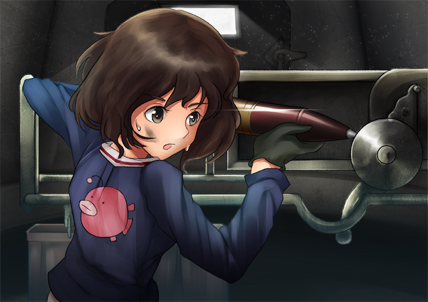 akiyama_yukari anglerfish bangs black_gloves blue_jacket brown_eyes brown_hair commentary_request dirty_face emblem girls_und_panzer gloves holding jacket light_frown light_particles light_rays long_sleeves looking_to_the_side maruhitarou messy_hair military military_uniform ooarai_military_uniform open_mouth short_hair solo sweat tank_interior tank_shell uniform
