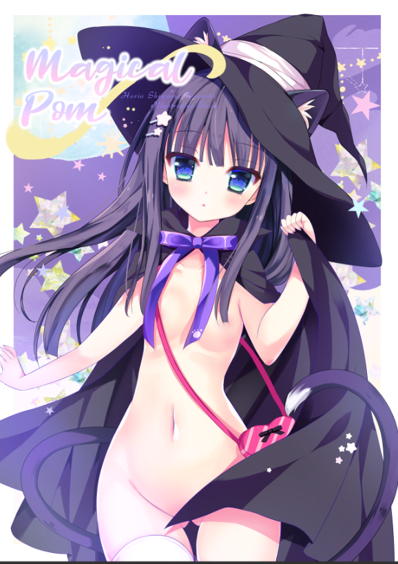 animal_ear_fluff animal_ears ass_visible_through_thighs bag bangs black_cape black_hair black_hat blue_eyes blush bow cape cape_hold cat_ears cat_girl cat_tail commentary_request ears_through_headwear eyebrows_visible_through_hair fingernails groin hand_up hat head_tilt heart long_hair looking_at_viewer naked_cape navel original parted_lips purple_bow shiwasu_horio shoulder_bag solo tail thighhighs very_long_hair white_legwear witch_hat