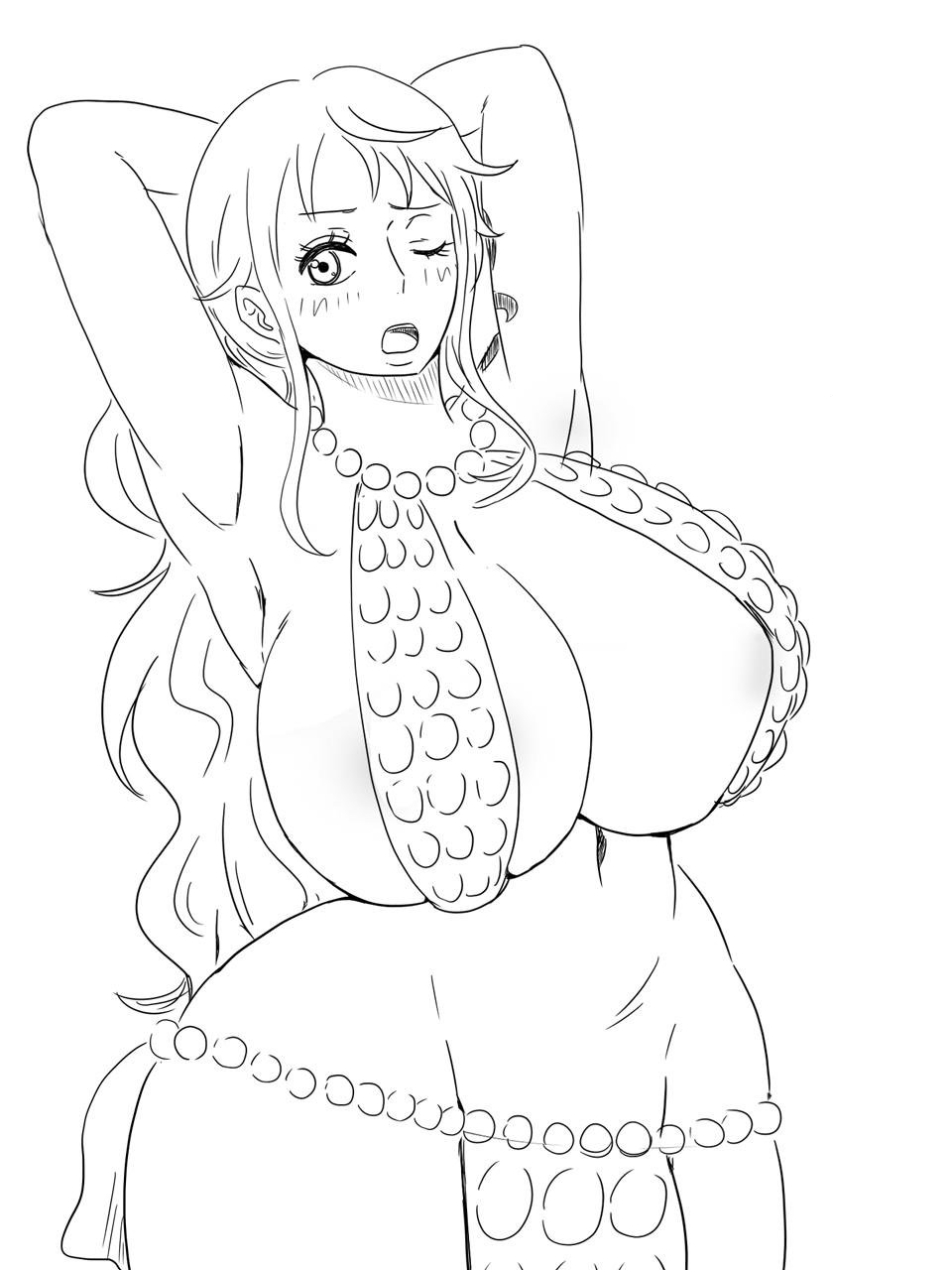 1girl areola_slip areolae armpits arms_behind_head arms_up ass bare_arms bare_shoulders breasts cleavage curvy earrings hips huge_ass huge_breasts jewelry long_hair looking_at_viewer looking_to_the_side mikanberry nami_(one_piece) navel one_eye_closed one_piece open_mouth simple_background slender_waist solo standing stomach sweat tattoo teeth tongue wide_hips wink
