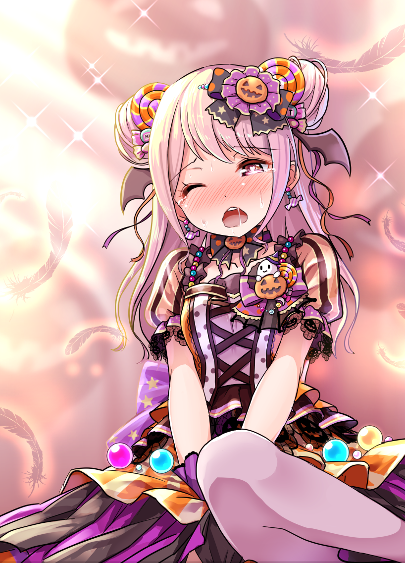alternate_hairstyle back_bow bang_dream! bangs blush bow bowtie candy_hair_ornament cross-laced_clothes double_bun dress earrings eyebrows_visible_through_hair feathers food_themed_hair_ornament frilled_sleeves frills hair_ornament halloween_costume head_wings heart heart-shaped_pupils jack-o'-lantern jewelry long_hair maruyama_aya multicolored multicolored_clothes multicolored_dress open_mouth pantyhose pink_eyes pink_hair purple_legwear saliva shipii_(jigglypuff) short_sleeves solo sparkle symbol-shaped_pupils tearing_up textless upper_teeth