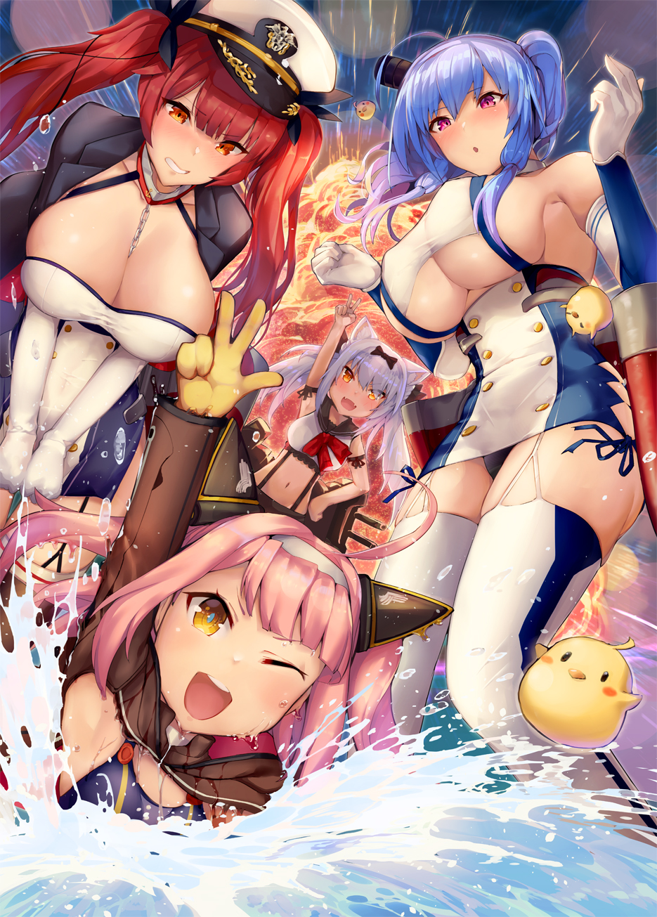 ahoge animal_ears armpits azur_lane bangs bare_shoulders black_bow black_legwear black_ribbon blue_hair blue_sky blush bow breasts cat_ears cleavage clenched_teeth closed_mouth collarbone cover day dress elbow_gloves explosion eyebrows_visible_through_hair fang garter_straps gloves hair_between_eyes hair_bow hair_ornament hair_ribbon hairband hand_up hat headband highres honolulu_(azur_lane) jacket large_breasts leaning_forward long_hair looking_at_viewer medium_breasts multiple_girls navel ocean one-piece_swimsuit one_eye_closed open_mouth outdoors partially_submerged peaked_cap pink_hair pleated_skirt purple_eyes red_eyes red_hair ribbon rigging sailor_collar satou_daiji short_dress side_slit silver_hair skindentation skirt sky small_breasts smile splashing st._louis_(azur_lane) star swimsuit teeth thighhighs thighs twintails two_side_up u-81_(azur_lane) underboob underboob_cutout v w water wet white_gloves white_legwear yellow_eyes yukikaze_(azur_lane)