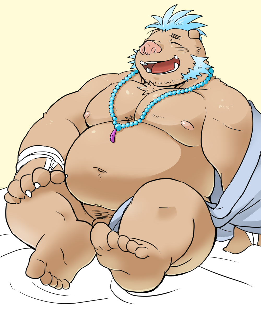 2018 anthro belly boar brown_fur clothing fur gouryou humanoid_hands male mammal mohawk moobs navel nipples nunutaro3 overweight overweight_male porcine robe sitting solo tokyo_afterschool_summoners