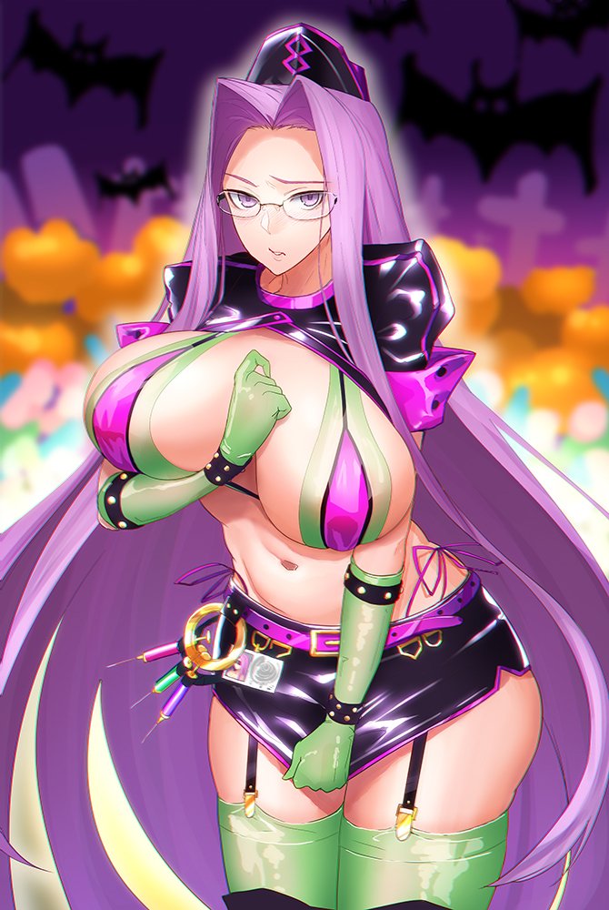 bat bikini blindfold blush breasts commentary cosplay cowboy_shot fate/grand_order fate_(series) florence_nightingale_(fate/grand_order) florence_nightingale_(fate/grand_order)_(cosplay) garter_straps glasses gloves graveyard green_gloves green_legwear hat large_breasts long_hair looking_at_viewer minami_koyogi name_tag navel pumpkin purple_belt purple_eyes rider shrug_(clothing) skirt skirt_tug solo square_pupils swimsuit syringe thighhighs trick_or_treatment very_long_hair zettai_ryouiki