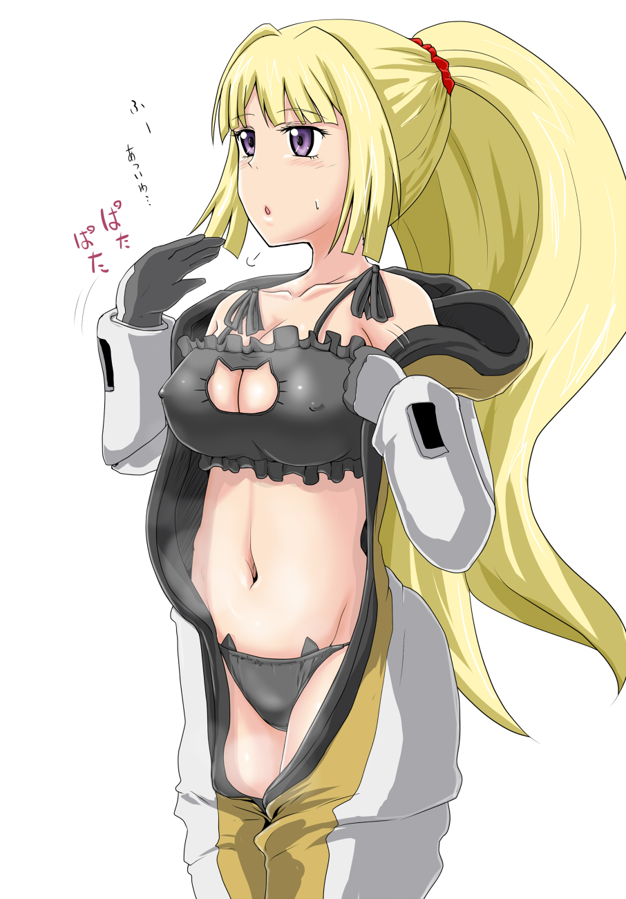 :o bangs black_bra black_gloves black_panties blonde_hair blunt_bangs bodysuit bra breasts cat_cutout cat_ear_panties cat_lingerie cleavage collarbone commentary_request covered_nipples cowboy_shot crotch_seam eyebrows_visible_through_hair fanning_face frilled_bra frills gloves gundam gundam_tekketsu_no_orphans hair_ornament hair_scrunchie highres homare_(suzu_no_oka) kudelia_aina_bernstein long_hair long_sleeves looking_to_the_side medium_breasts meme_attire motion_lines open_bodysuit open_clothes open_mouth panties ponytail purple_eyes red_scrunchie scrunchie sidelocks sigh simple_background solo standing translation_request underwear white_background