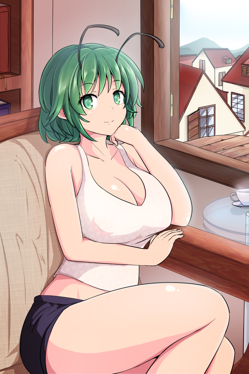 adda antennae arm_rest book bookshelf breasts chair chin_rest cleavage collarbone commentary_request covered_nipples day eyebrows_visible_through_hair green_eyes green_hair highres houses indoors large_breasts looking_at_viewer midriff no_bra older open_window short_shorts shorts sitting smile solo steam tank_top tea thighs touhou window wriggle_nightbug