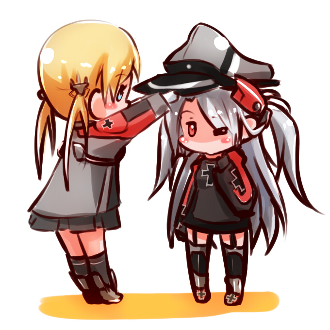 adjusting_clothes adjusting_hat anchor_hair_ornament azur_lane blonde_hair blue_eyes borrowed_garments chibi commentary crossover dressing_another garter_straps giving hair_ornament hat holding holding_hat kantai_collection long_hair multiple_girls namesake peaked_cap pleated_skirt prinz_eugen_(azur_lane) prinz_eugen_(kantai_collection) putting_on_headwear red_eyes silver_hair simple_background skirt twintails two_side_up white_background yagami_kamiya